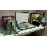 QTY OF MISC ITEMS INCL; BAROMETER, BRASS MANTLE CLOCK, HIP FLASK, PAIR BRUSHES IN LEATHER CASE &
