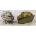 TWO PERIOD RONSON TABLE LIGHTERS, QUEEN ANN SILVER PLATES DESIGN WITH BRONZED CRUISE LINER