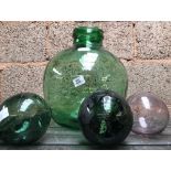 GREEN CAR BOY TOGETHER WITH 3 FURTHER GLASS SPHERES