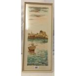 COASTAL VIEW OFF MALTA WITH MOORED BOATS & INDISTINCTLY SIGED,WATERCOLOUR