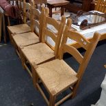 4 RAFFIA SEATED LADDER BACK PINE DINING CHAIRS