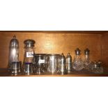 SHELF OF PLATEDWARE INCL; GLASS PLATED TOP SALT & PEPPER, PLATED SUGAR SHAKER ETC