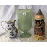 LARGE GLASS URN WITH GREEN DECORATION 12'' HIGH, GERMAN STEIN 12.5'' HIGH & A POWELL-CRAFT BLUE &