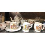 MIXED SHELF WITH COMMEMORATIVE MUGS, TEA POT ETC