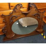 MAHOGANY OVER MANTLE WITH OVAL BEVELLED EDGE MIRROR