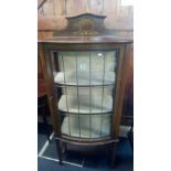 INLAID MAHOGANY BOW FRONTED DISPLAY CABINET WITH 3 SHELVES, LEADED GLASS FRONT (25''W X 60''H)
