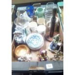 2 CARTONS OF MIXED GLASSWARE, FIGURINES, STAINLESS STEEL CUTLERY & CHINA MUGS