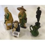 3 ORIENTAL FIGURES, A GREEN JUG & SMALL PAPER WEIGHT