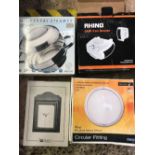 CARTON WITH UNIVERSAL STEAMER, RHINO, 2 KW FAN HEATER, WALL CLOCK & CIRCULAR CEILING FITTING ALL NEW