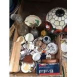 2 CARTONS OF MIXED SMALL DECORATIVE CHINA ITEMS, TIFFANY STYLE LAMP SHADE, VASES ETC