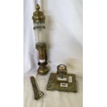 BRASS INKWELL STAND WITH CUT GLASS INKWELL, BRASS CIGAR CUTTER & A G.N.R BRASS OR CANDLE HOLDER