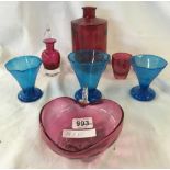 SHELF OF CRANBERRY GLASS & 3 BLUE GLASSES WITH CRACKLE FINISH