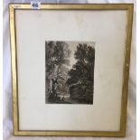 MONOCHROME WATERCOLOUR OR PRINT BY BENJAMIN BARKER OF BATH. FIGURE FISHING IN A WOODED RIVER VALLEY