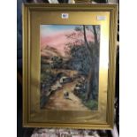 GILT FRAMED OIL PAINTING BY S CREBER OF SHEEP & A F/G WATERCOLOUR F A MOORLANDS SCENE