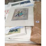 QTY OF PENCIL SKETCHES, EMBROIDERED PICTURES & WATERCOLOURS