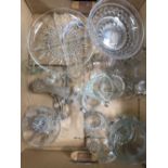 4 CARTONS OF MIXED GLASSWARE INCL; AN OIL LAMP WITH GLASS RESERVOIR