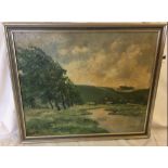 FRENCH OIL PAINTING ON CANVAS INSCRIBED ''LA BOURRASQUE'' SIGNED MYA BUGGENHOUT. RIVER LANDSCAPE.