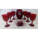 6 RED GLASS GOBLETS, LARGE CANDLE HOLDER & AN ASHTRAY