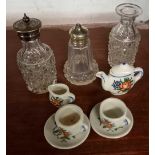 TRAY OF CUTLERY & GLASS CONDIMENTS & A CHINA MINIATURE TEA SET