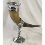 WHITE METAL MOUNTED DRINKING HORN WITH STAND
