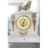WHITE MARBLE MANTLE CLOCK WITH GILT FIGURES & LION