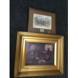 2 FRAMED VINTAGE PRINTS - 1 A PARLOUR SCENE THE OTHER A HUNTING SCENE