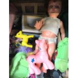 BAG OF MIXED LP'S, CARTON OF CHILDREN'S TOYS INCL; A DOLL & CARTON OF BBQ UTENSILS