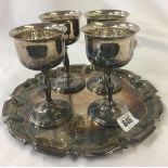 SILVER PLATED TRAY WITH 4 PLATED GOBLETS & COASTER IN A RACK