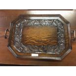 CARVED OAK TRAY, SET OF DOMINO'S, CRIBBAGE & OTHER TREEN ITEMS