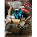 2 CARTONS OF MIXED TOOLS INCL; PANEL SAWS, G CLAMPS, RECORD NO. 50 BENCH VICE & OTHER MISC TOOLS