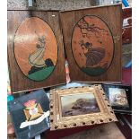 CARTON WITH 2 PAINTED WOODEN WALL PICTURES, A TIN ADVERTISING TRAY & 2 PICTURES, 1 OF THE