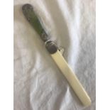 GREEN STONE HANDLED SILVER MOUNTED PAGE TURNER WITH CELLULOID BLADE