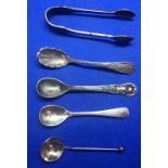 SMALL COLLECTION OF SILVER & WHITE METAL SALT SPOONS & SUGAR TONGS