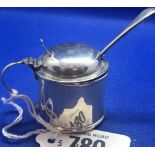 A SILVER MUSTARD POT WITH SILVER SPOON & B.G.L