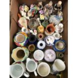 2 CARTONS OF MIXED CHINA, VASES, FIGURINES, PLATES, HAND MIRRORS, NOVELTY TEA POT & COMMEMORATIVE