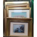 CARTON OF 5 F/G PRINTS OF PUFFINS, AYERS ROCK, SPEED TO THE WEST BY G.W.R & OTHERS SOME IN GILT