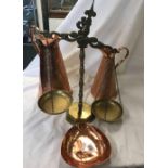 PAIR OF BRASS SCALES, 2 COPPER WATER JUGS & DISH