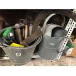GALVANISED BUCKET & WATERING CAN WITH MISC HAND TOOLS & A SICKLE