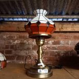 BRUSHED BRASS ELECTRIC TABLE LIGHT WITH RED & WHITE TIFFANY STYLE SHADE