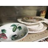 QTY OF MISC PLATES & WHITE ST MICHAELS SERVING DISHES & A MUCHA ART DECO VASE