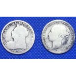 TWO VICTORIAN SILVER SHILLINGS 1883 & 1900