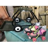 BLACK & GREEN 4 WHEELED ROLLER SEAT WITH PLASTIC TRAY & PAIR OF ROLLER BOOTS