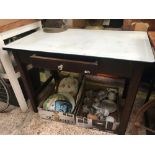 BROWN ENAMEL TOPPED KITCHEN TABLE WITH ONE DRAWER