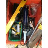 CRATE OF HAND TOOLS, SAWS, SPIRIT LEVELS ETC