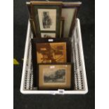 WHITE PLASTIC BASKET OF F/G PICTURES & MARQUETRY PICTURE