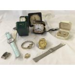 TUB WITH VARIOUS WRIST WATCHES, TRAVEL CLOCKS & WRIST WATCH BEARING THE NAME OF ROLEX