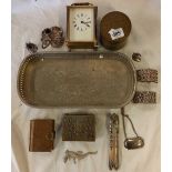 PLATED GALLERY TRAY, CARRAIGE CLOCK ETC