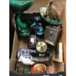 CARTON WITH POOL POTTERY OTTER, MODERN CARRAIGE CLOCK, HAIRBRUSH SET & BRIC-A-BRAC