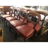 9 MAHOGANY BALLOON BACK CHAIRS WITH RED LEATHER SEATS