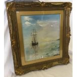 GEORGIE KIER, OIL PAINTING ON CANVAS, SAILING VESSEL MOORED OFF THE COAST. IN ANTIQUE GILT FRAME